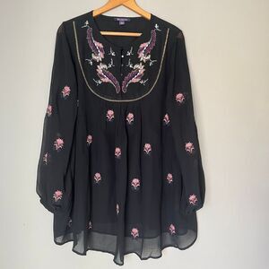 Roaman's Elegant Black Blouse with Pink Embroidery